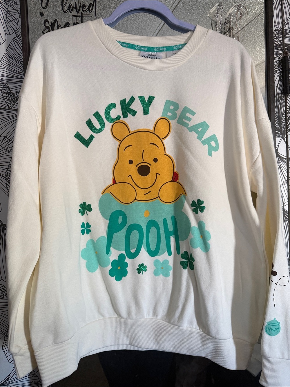 Disney Cream Winnie the Pooh 'Lucky Bear' Sweatshirt with Teal & Green Graphic